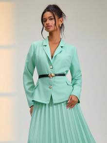 EURMUSE Belt Detailed Pleated Skirt And Blazer Elegant Set - Mint Green - View 2