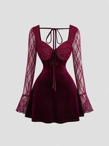 Sweetra Đầm ngắn tay dài phối ren dành cho nữ cỡ lớn - Màu Đỏ Sâu - Xem 1