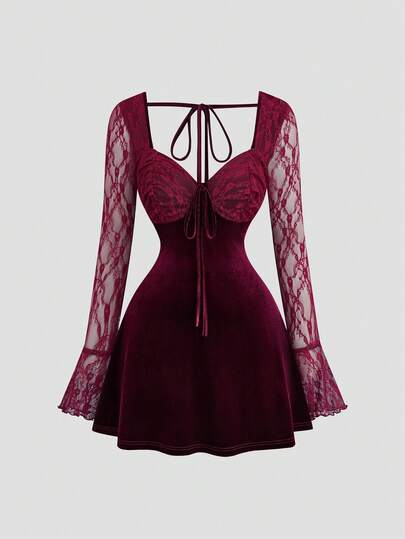 Sweetra Plus Size Women Lace Patchwork Long Sleeve Mini Dress