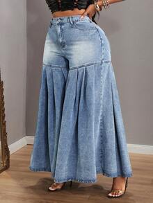 Slaydiva Plus Size Women Casual Fashion Street Chic Daily Commute Pleated Loose Wide Leg Jeans - Coffee Brown - View 3