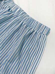 Pariaura Spring/Summer New 2 Pieces Set: Collared Single-Breasted Tie-Waist Striped Blouse With Batwing Sleeves & Elastic Waist Pants, Casual/Work/Holiday/Street Style - Blue - View 6