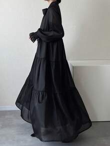 FRIFUL Damen Einfarbiges Kleid mit Krawattenausschnitt, Langarm, Rüschensaum, Lässig Sommerkleid - Schwarz - Übersicht 3
