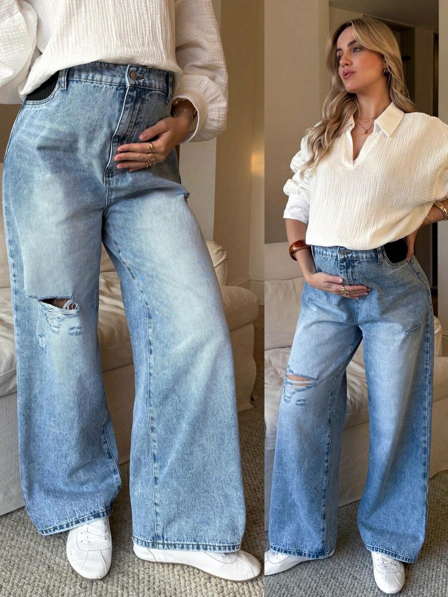 SHEIN 孕妇高腰休闲做旧浅蓝色时尚宽松百搭牛仔裤，适合春季、圣诞节、新年、感恩节、通勤、度假、毕业典礼等场合，展现Y2K风格，可爱街头风，适合派对、婚礼、优雅商务休闲等各种场合。 - 藍色 - 查看 1