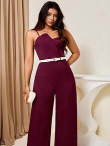 Juhart Bộ jumpsuit dáng suông, màu trơn, họa tiết hoa dành cho nữ cỡ lớn, thiết kế quây ngực, eo thắt, ống rộng, thanh lịch, phù hợp cho công sở và mặc hàng ngày. - Màu Đỏ Sâu - Xem 5