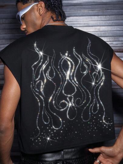 AXEPEAK Men's Rhinestone Embellished Black Round Neck Casual Tank Top