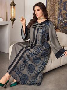 Al Najma Vestido casual de manga larga con estampado floral para mujer de talla grande, adecuado para primavera y otoño - Verde - Ver 7