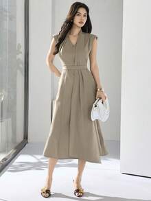 Heiryn New Design Asymmetrical Ribbon V-Neck Cinched Waist Elegant Commuter Dress - Khaki - View 5