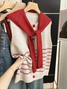 Franclia 新款春秋韩版柔软蓬松撞色红白条纹披肩领休闲宽松减龄甜美个性门襟纽扣2026设计感法式拼接通勤优雅时尚百搭活力韩版亮丽慵懒温柔风背心开衫 - 紅白色 - 查看 5