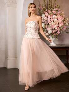 MOTF Soiréza WOMEN'S RHINESTONE EMBELLISHED CONTRAST MESH RUCHED LONG FORMAL DRESS