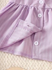 SHEIN Newborn Baby Girl Purple Striped Embroidered Ruffled Collar Princess Dress With Bow Headband Set - Purple - View 7