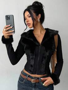 Aloruh 女士秋冬外套，仿毛领拼接设计，复古Y2K时尚外套 - 黑色 - 查看 1