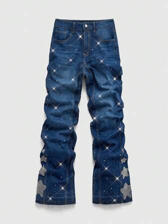 Jeans de hombre con adornos de rhinestone, aptos para uso diario, primavera/verano