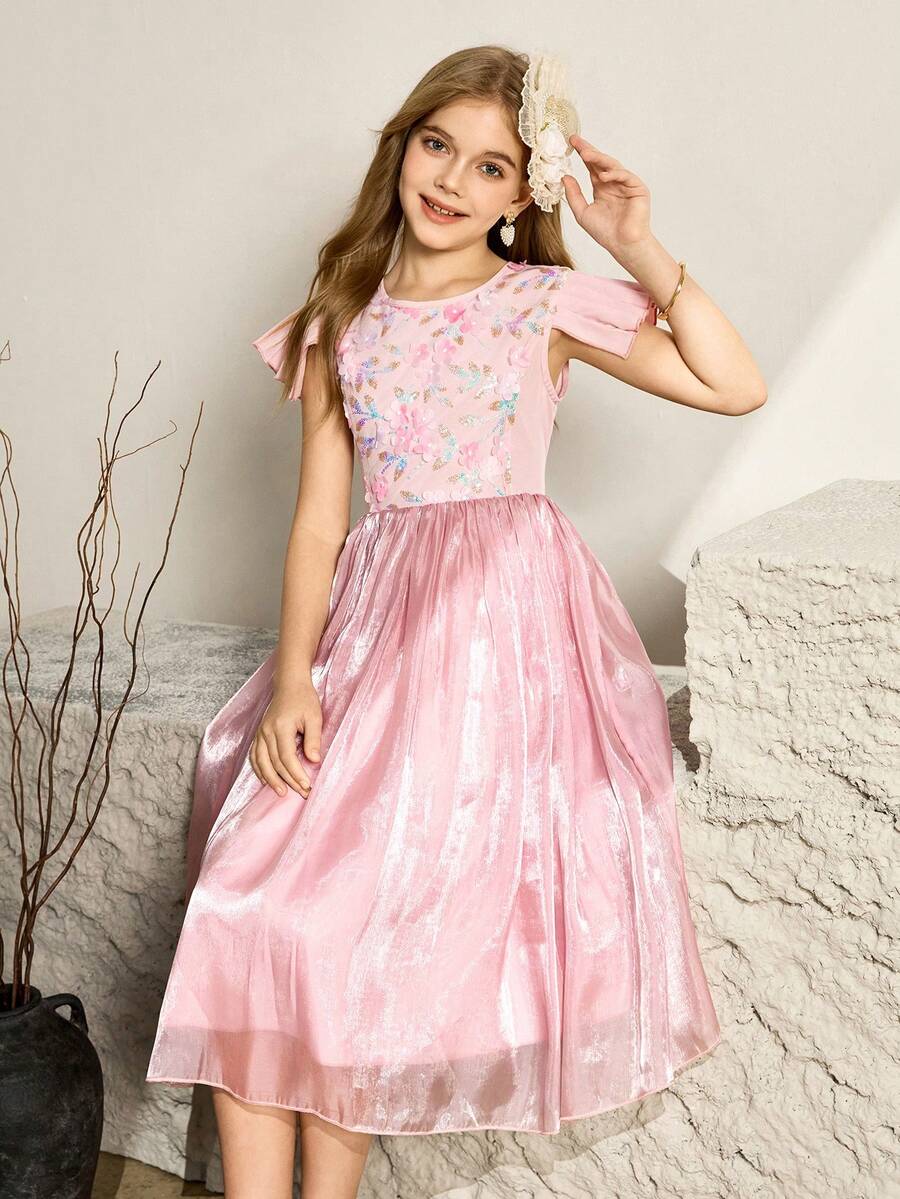 Tween Girl Floral 3D Decor Round Neck Cap Sleeve Elegant Dress - Pink - View 1