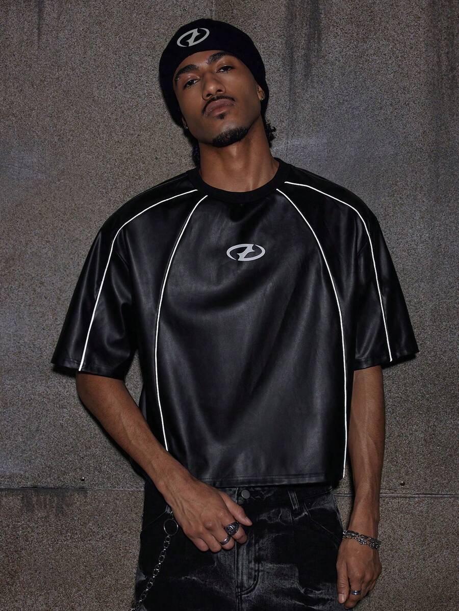 AXEPEAK 男士圆领插肩袖休闲宽松时尚T恤 - 黑色 - 查看 1