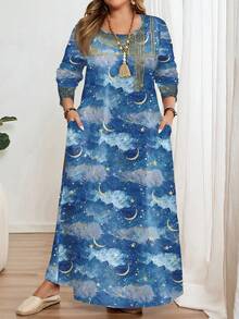 EMERY ROSE Plus Size Women Retro Print Long Sleeve Round Neck Casual Elegant Dress, Suitable For Spring Carnival,Vacation - Multicolor - View 1