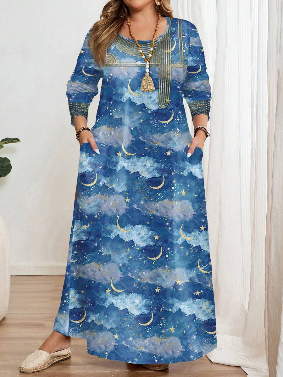 EMERY ROSE Plus Size Women Retro Print Long Sleeve Round Neck Casual Elegant Dress, Suitable For Spring Carnival,Vacation - Multicolor - View 1