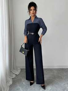 Rafferiza 女士优雅拼接长袖连体裤，适合通勤 - 藏蓝色 - 查看 7