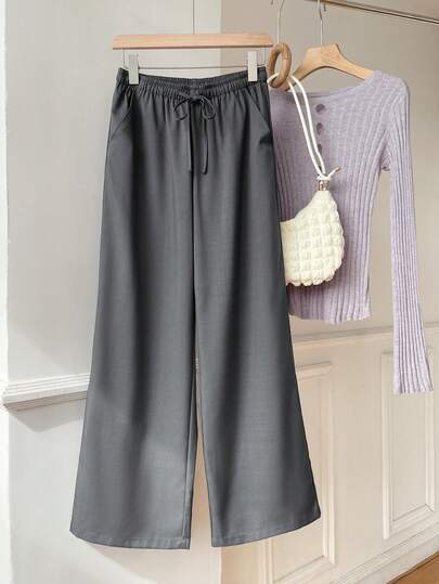 SHEIN EZwear Pantalones anchos casuales de mujer con nudo delantero, gris oscuro