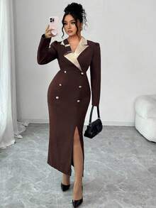 Elenzga Robe maxi à manches longues, col en V, blocs de couleurs, nœud papillon à la taille, fente haute, manches plissées, double boutonnage, en champagne. Élégante et polyvalente pour le travail. - Tabac - Voir 4