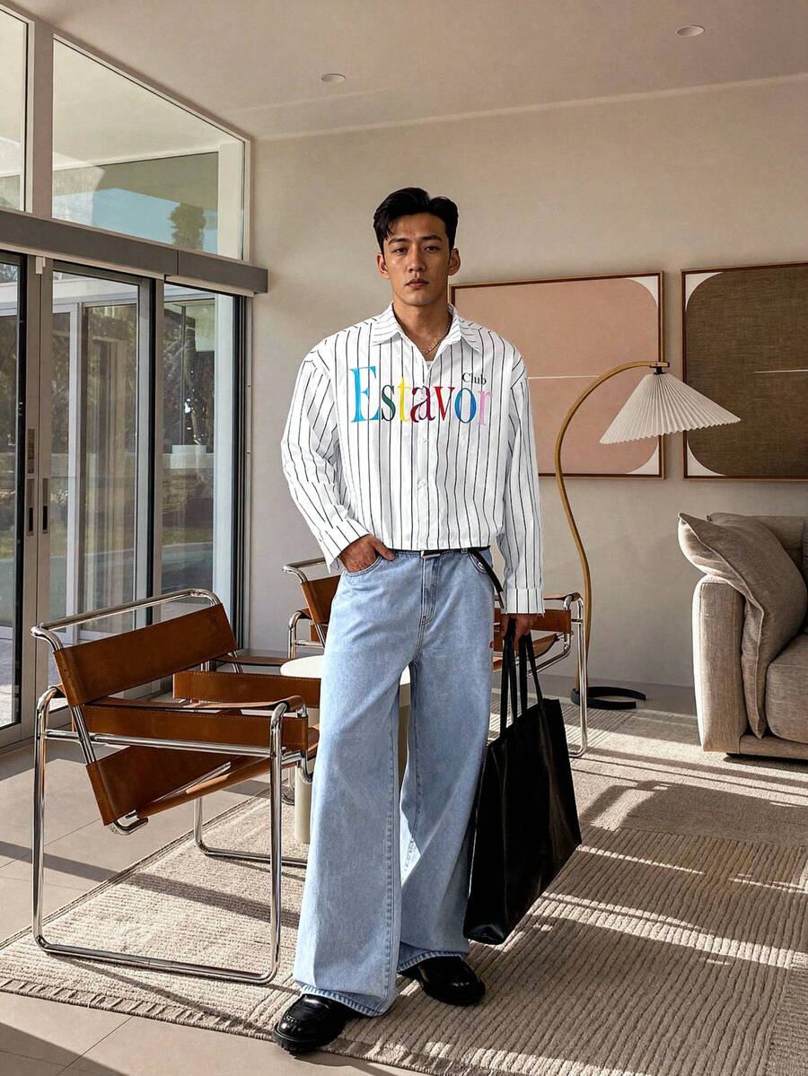 ESTAVOR Męskie jeansy z kieszeniami, luźne, szerokie, uniwersalne, casualowe - Niebieski - Zobacz 1