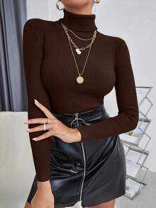 Cévolie Women's Solid Color Turtleneck Long Sleeve Fitted Pullover Sweater, Versatile For Autumn/Winter - Coffee Brown - View 5
