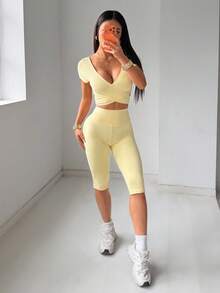 SHEIN EZwear Summer Female Gym Set Yellow Criss-Cross Wrap Fitted Sporty Outfit, Summer - Pale Yellow - View 4