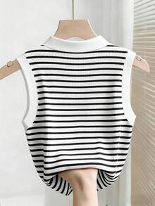 SHEIN Franclia 女士时尚优雅条纹印花纽扣无袖背心 - 黑與白 - 查看 2