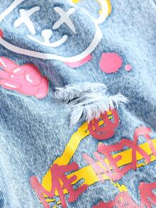 SHEIN Girlism 少女时尚休闲 Y2K 复古酷炫街头 Y2K 水洗宽松高腰蓝色宽松粉色涂鸦印花牛仔长短裤，夏季波西米亚风度假锐舞音乐会街头服饰，百搭时尚，完美契合返校季和户外街头穿搭。 - 藍色 - 查看 4