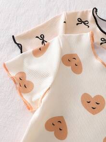 女婴卡其色蝴蝶爱心图案荷叶边短裤睡衣套装 - 卡其色 - 查看 3