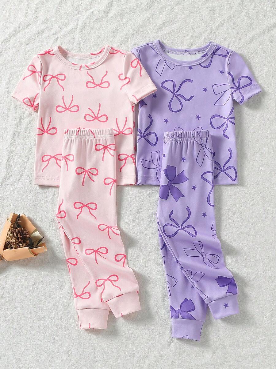 SHEIN Vintaside Kids 女婴两件套弹力针织罗纹高领上衣(带蝴蝶结装饰)和打底裤套装,贴身款 - 彩色 - 查看 1