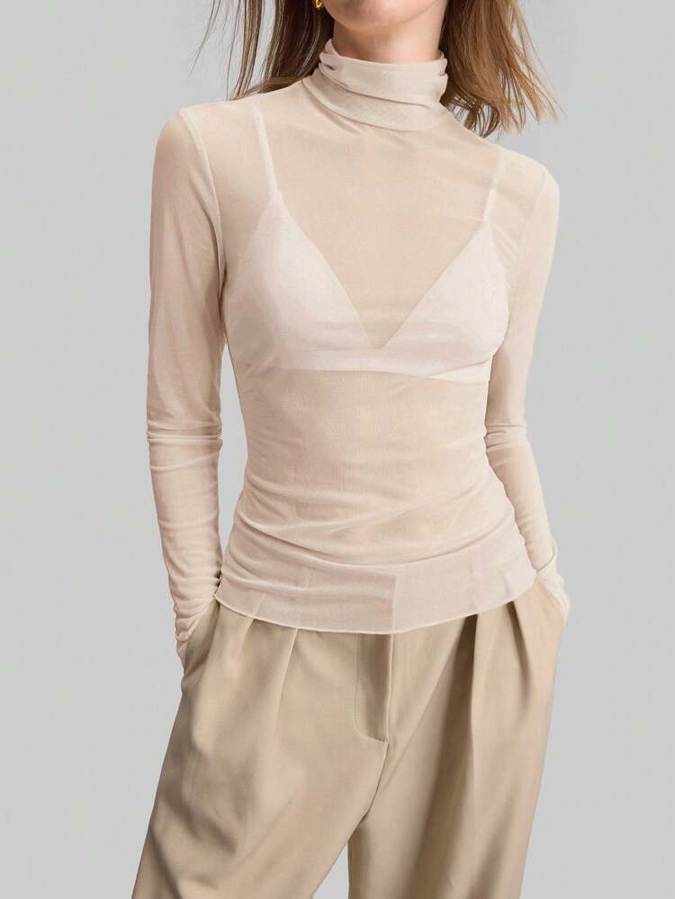 2026SS Women's Solid Color Sheer Mesh High Neck Long Sleeve Blouse, Versatile For Urban Commute, Business Casual, Holiday, Party, Summer