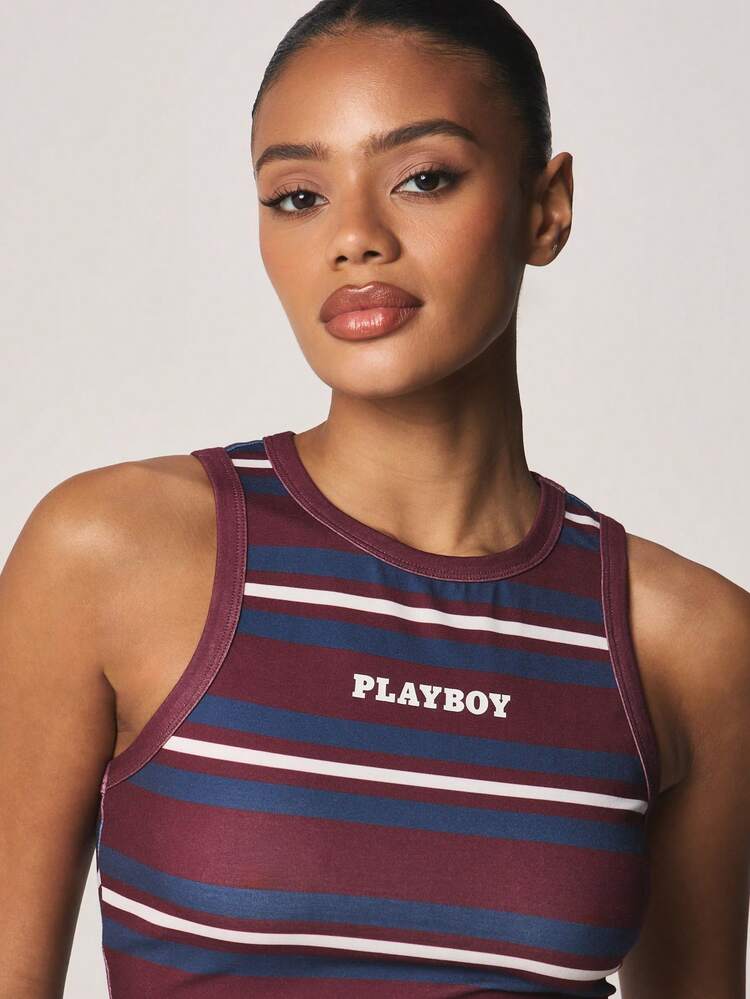 Missguided x Playboy Striped Tank Top With Logo Print And Crew Neckline Sleeveless Camisole For Casual Summer Days