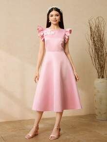缎面短袖圆领花卉装饰A字连衣裙，高端青少年正式礼服，适合婚礼、舞会、生日派对、宴会等场合。 - 粉色 - 查看 3