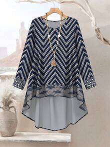 SHEIN Lacomfia Bộ đồ nữ cỡ lớn họa tiết hoa hình học cổ điển, thời trang mùa xuân, cổ tròn, tay dài, vạt bất đối xứng, áo và quần dáng rộng. - Nhiều màu - Xem 4