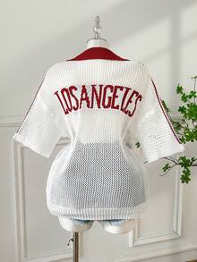 SHEIN EZwear Áo thun nữ cỡ lớn tay ngắn dệt kim khoét chữ và số, kiểu dáng thường ngày, đa năng. - Màu Đỏ Sâu - Xem 2