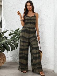 EMERY ROSE 女士休闲度假风扎染印花宽松阔腿连体裤，带侧袋，夏季 - 彩色 - 查看 7