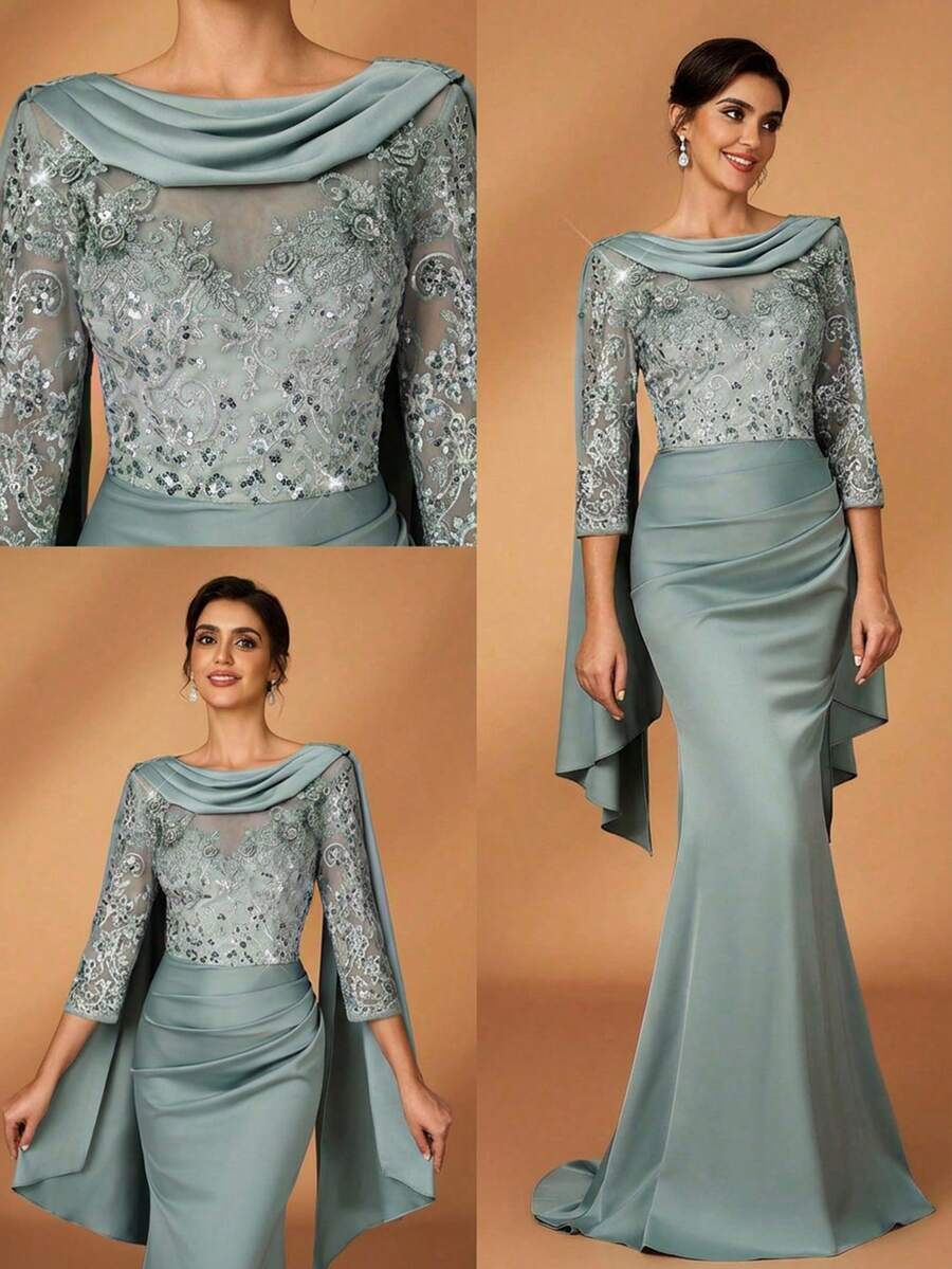 Serin Elegant Luxurious Pearl, Sequin & Lace Applique Sheer Sleeve Patchwork Elastic Satin Ruched Flounce Mermaid Skirt, Suitable For Wedding, Party, Vacation, Prom, Mother Of The Bride Evening Gown