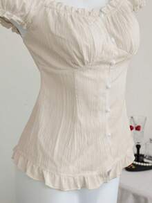 SHEIN Unity 白色性感露肩泡泡袖荷叶边修身衬衫，显瘦，适合春夏度假穿着 - 杏色 - 查看 7