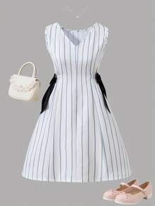 Tween Girl Striped Print V-Neck Textured Fabric Sleeveless Fitted Dress - White - View 3