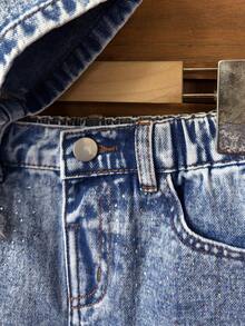 Young Girls Denim Set, New Casual Fashion Simple Versatile Rhinestone Washed Blue Denim Set - Blue - View 6