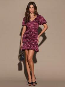 SHEIN BAE Women's Polka Dot Print Ruffle Elegant Short Sleeve Dress - Burgundy - View 3