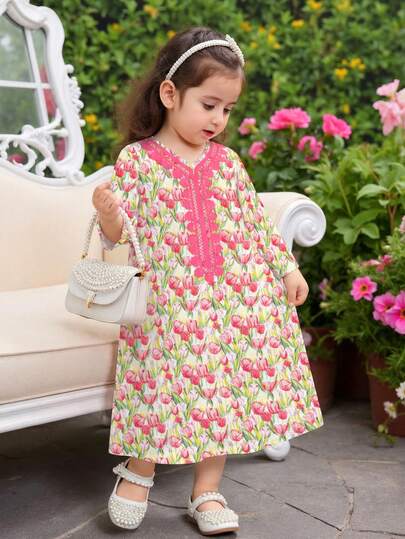 SHEIN Baby Girls Casual Cute Floral Tulip Embroidery Lace Print Loose Long Sleeve Dress, Suitable For Holidays, Everyday Wear, Sibling Matching, Parent-Child Outfits, Traditional Arabic Dress, Jalabiya, Abaya Toddler  Dresses Floral Summer Dresses For 2years Girl Baby Girl Floral Dress Toddler Dress With Purse Floral Dress For Toddler