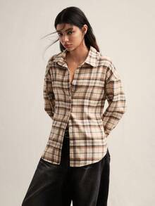 Easelle Women's Plaid Lapel Single-Breasted Fashionable Versatile Long Sleeve Shirt For Commuting - Apricot - View 8