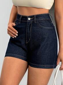 SHEIN Cottnline 100% Cotton Women's High Waist Slant Pocket Casual Denim Shorts Stretchy Jean Shorts Micro Short Women's Jean Short Curve Denim Short Cowboy Shorts For Women Jean Short Low Rise - Dark Wash - View 6