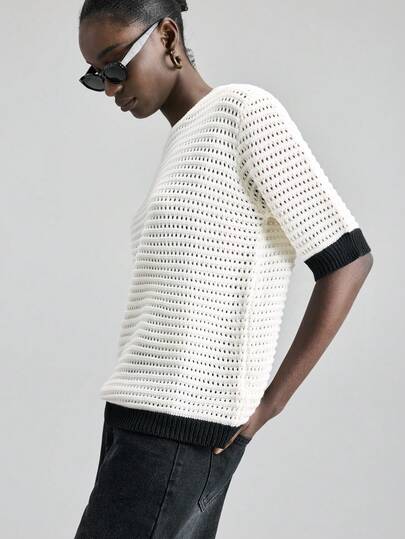 Ontre 2026SS New Crew Neck Comfortable Patchwork Hollow Out Short Sleeve Knit Top Bohemian Style Vacation Wear Modern Urban Casual Fashion Business Casual Women's Office Wear Low-Key Old Money Style Effortless Temperament High-End Urban Commuting High-Quality Airport Women's Wear High-End Material All Season  Ins Celebrity Same Style Vacation Style, Exotic Atmosphere, Country Concert, Western Style Clothing, High-Grade Fabric, Comfortable And Breathable