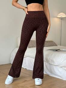 Slayform Women's Casual Sports Leopard Print High Waist Flare Leggings Yoga Flare Pants Women Flare Leggings Cut Out Leggings Flared Leggings Wide Leg Brown Leggings - Brown - View 3