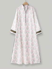 Abito lungo da ragazza pre-adolescente, stile arabo tradizionale, con stampa floreale, scollo a V, dettagli a blocchi di colore, maniche lunghe - Multicolore - Visualizzare 12