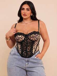 SHEIN BAE Plus Size Women Leopard Print Lace Patchwork Camisole, Going Out Tops - Black - View 5