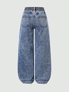 Sparklyn 少女款破洞宽松阔腿休闲牛仔裤，复古美式风格 - 中等水洗藍 - 查看 2