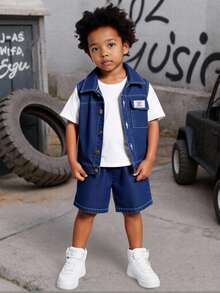 2pcs Young Boy Denim Jacket Set, Denim Vest Paired With Loose Waist Double Pocket Denim Shorts, Metal Buttons And Small Labels On Pockets Are Highlights, Overall Blue And White Color Scheme Is Very Fresh, Suitable For Weekend Outings, Parties, Parks, Back To School Boy Denim Outfit Boy Clothes Sets - Blue and White - View 3
